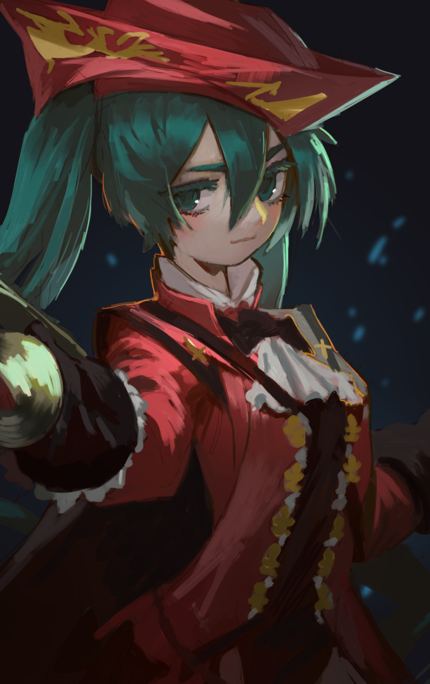1girl :3 absurdres aqua_eyes aqua_hair ascot bangs black_gloves blue_background cape collared_jacket collared_shirt commentary cowboy_shot english_commentary frilled_gloves frills gloves hair_between_eyes hat hatsune_miku highres holding holding_sword holding_weapon jacket looking_at_viewer rapier red_headwear red_jacket shirt sidelocks simple_background solo sword topdylan twintails vocaloid w_arms weapon