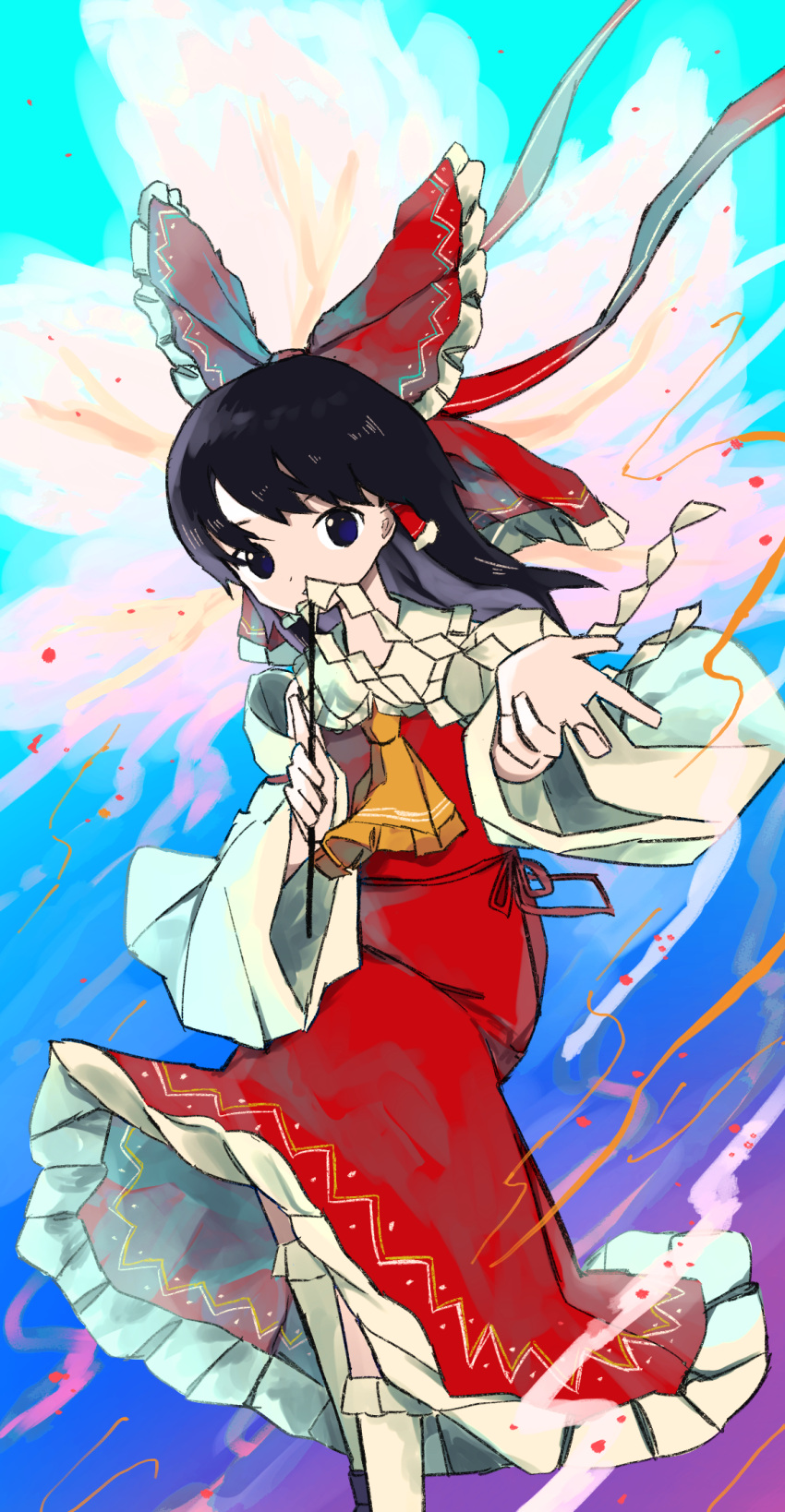 1girl ascot black_hair bow commentary_request detached_sleeves gohei hair_bow hair_tubes hakurei_reimu highres holding long_hair looking_at_viewer neruzou solo touhou white_legwear wide_sleeves yellow_neckwear