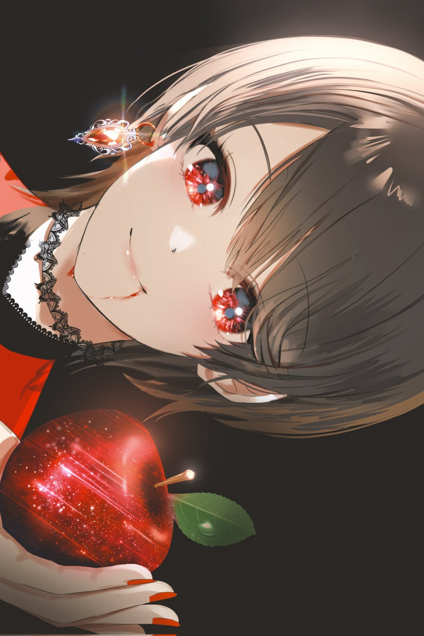 1girl apple black_background brown_hair choker closed_mouth earrings food fruit gem hand_up highres holding holding_food holding_fruit isobe47 jewelry lens_flare light_smile liquid looking_at_viewer nail_polish original pink_lips red_eyes red_nails red_shirt ruby_(gemstone) shirt short_hair solo