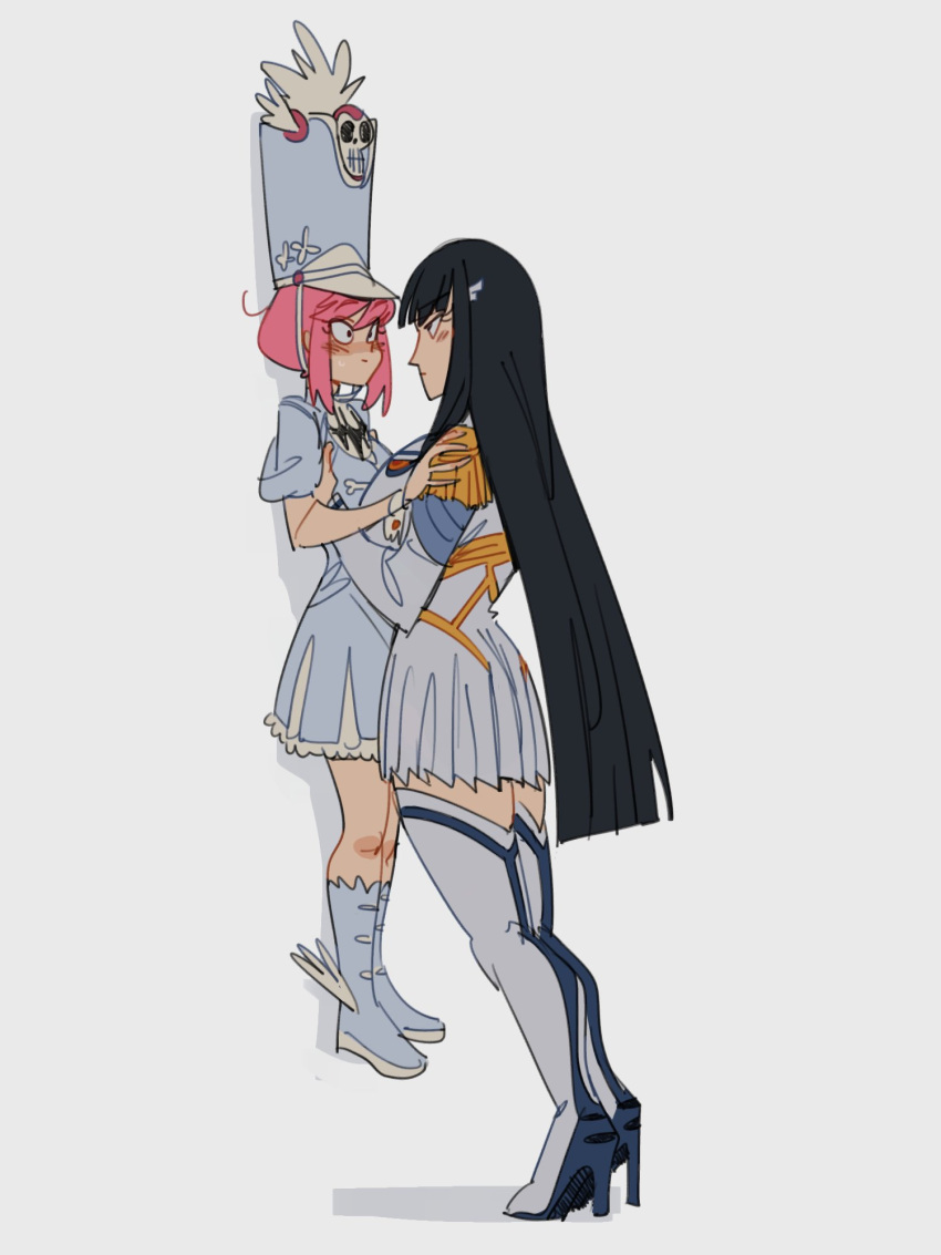 2girls black_hair blush boots commentary epaulettes eye_contact face-to-face from_side grey_background gutalalaman hat height_difference high_heel_boots high_heels highres jakuzure_nonon junketsu kill_la_kill kiryuuin_satsuki lauren_phillips_lifting_alice_merchesi long_hair long_sleeves looking_at_another meme multiple_girls pink_hair shadow shako_cap short_sleeves symbol-only_commentary thigh-highs thigh_boots very_long_hair yuri