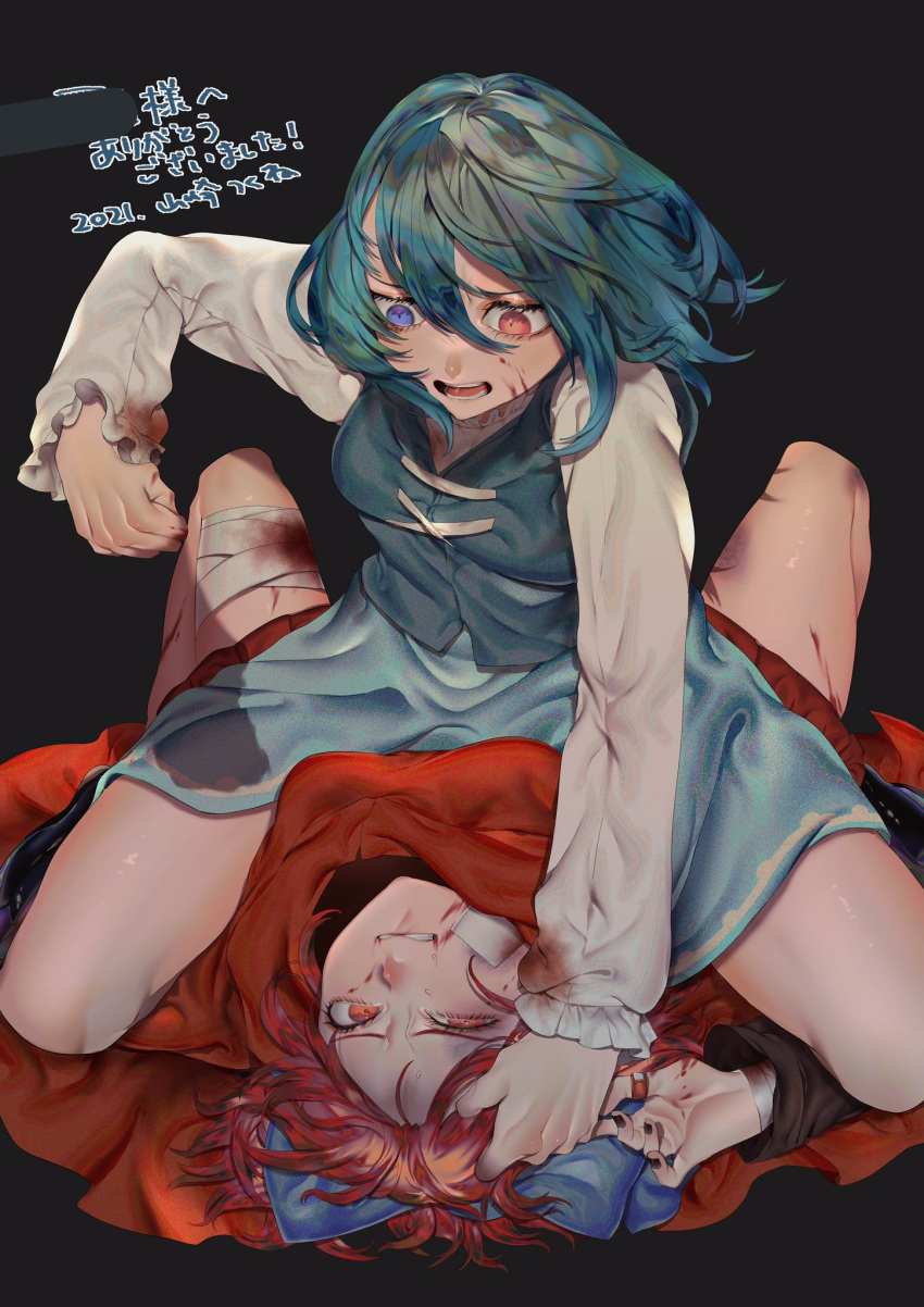 2girls bandages bangs beating black_background black_shirt blood blood_on_clothes blood_on_face blue_bow blue_eyes blue_hair blue_skirt blue_vest bow bruise bruised_eye cloak fighting heterochromia highres injury juliet_sleeves long_sleeves mi_ri_000 multiple_girls puffy_sleeves punching red_cloak red_eyes red_skirt redhead sekibanki shirt short_hair skirt tatara_kogasa touhou translation_request vest white_shirt