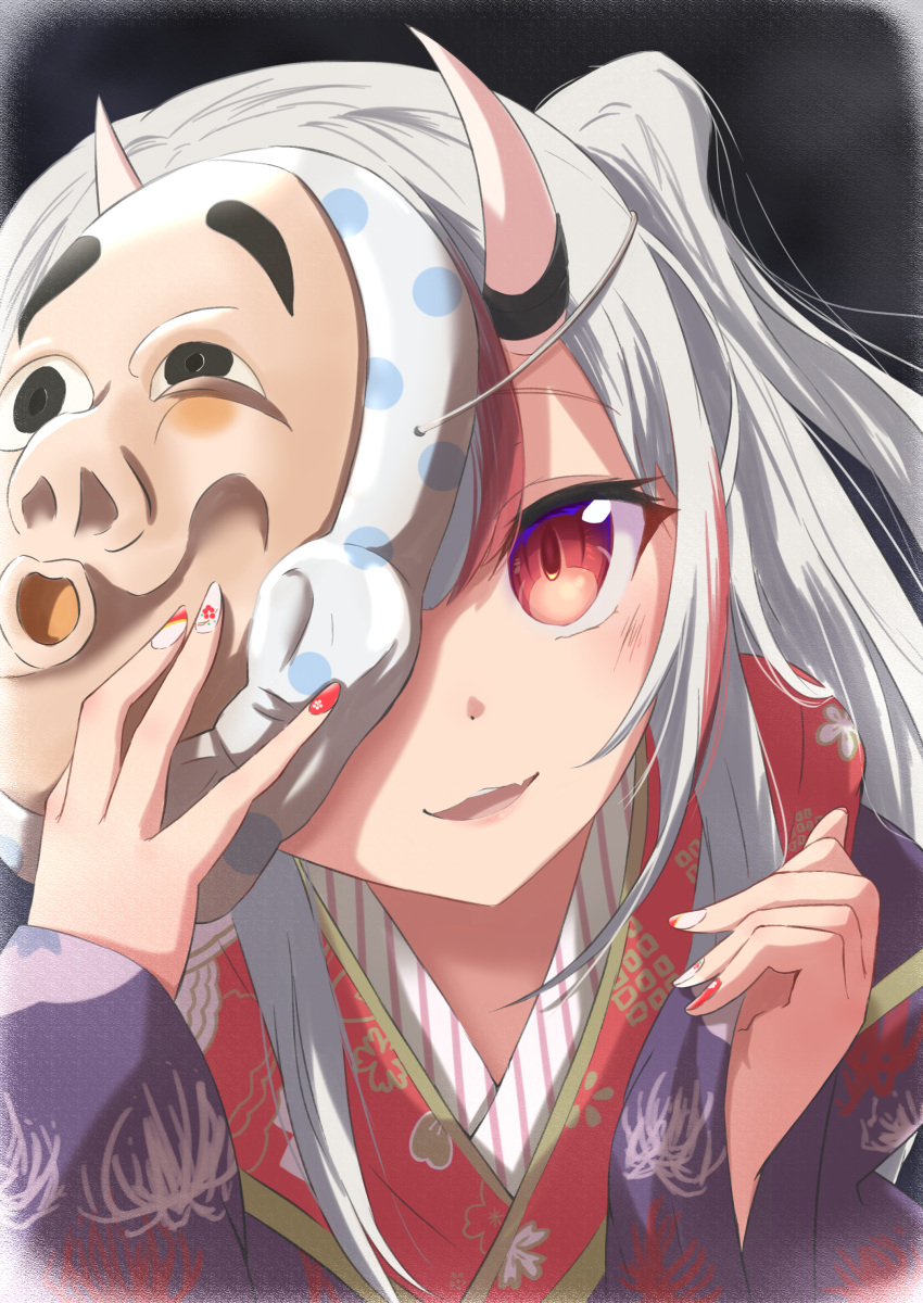 1girl absurdres covering_one_eye grey_hair highres hilamaru hololive horns japanese_clothes mask multicolored multicolored_nails nail_polish nakiri_ayame oni_horns portrait red_eyes red_nails smile solo virtual_youtuber white_nails