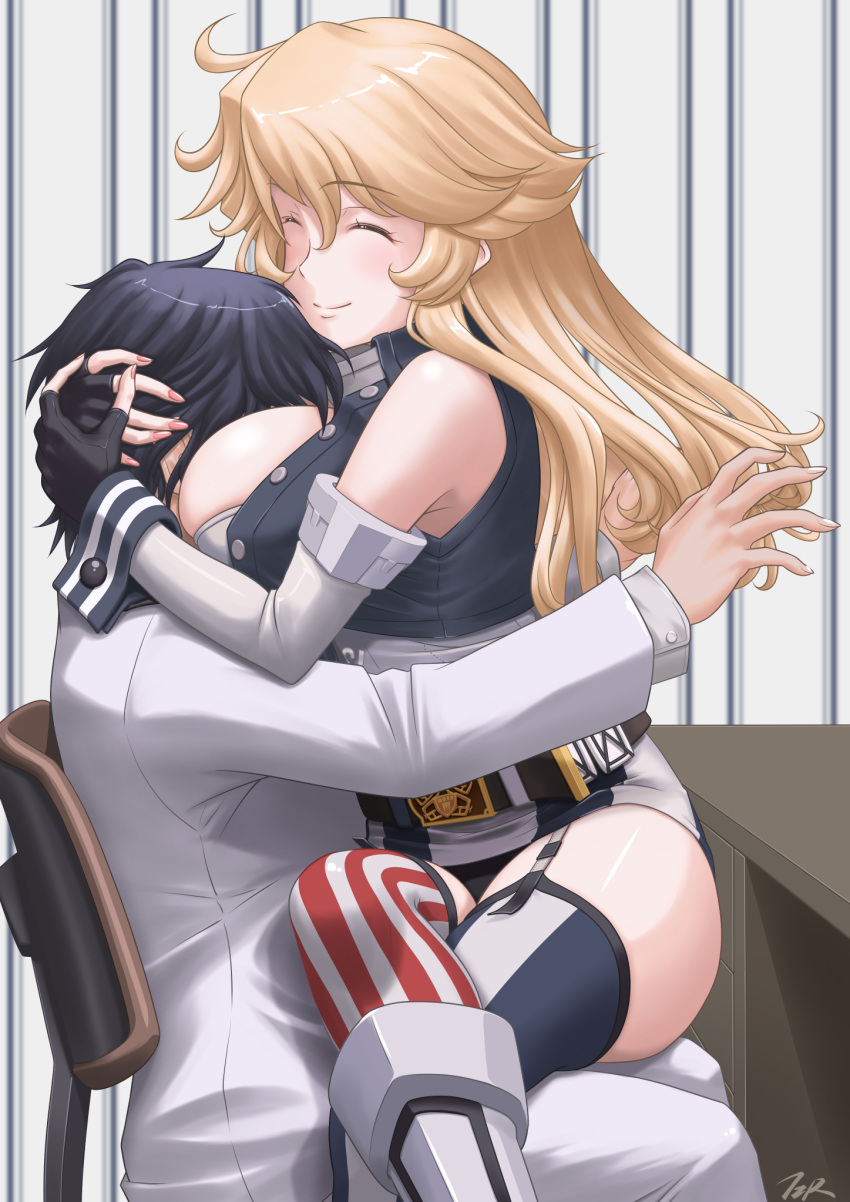 1boy 1girl admiral_(kancolle) american_flag_legwear asymmetrical_legwear black_hair blonde_hair breasts face_to_breasts fingerless_gloves garter_straps gloves highres iowa_(kancolle) kantai_collection large_breasts long_sleeves military military_uniform miniskirt mismatched_legwear naval_uniform sitting sitting_on_lap sitting_on_person skirt smile striped striped_legwear t2r thigh-highs uniform vertical-striped_legwear vertical-striped_skirt vertical_stripes