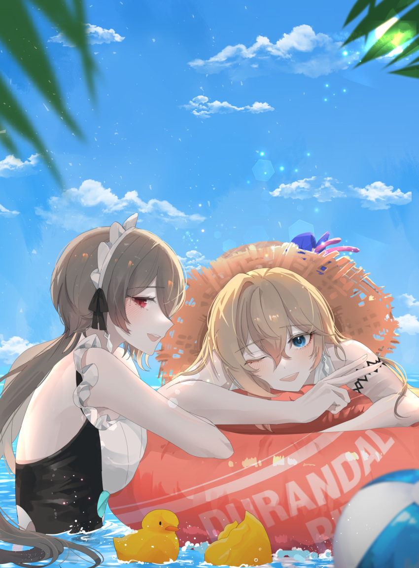 2girls :d baconontheclock ball bangs beach beachball bianka_durandal_ataegina bianka_durandal_ataegina_(valkyrie_gloria) blonde_hair blue_eyes blue_sky blush breasts brown_hair clouds cloudy_sky hair_between_eyes hair_over_one_eye hat highres honkai_(series) honkai_impact_3rd long_hair looking_at_viewer maid maid_headdress mole mole_under_eye multiple_girls ocean one-piece_swimsuit open_mouth outdoors rita_rossweisse rita_rossweisse_(phantom_iron) rubber_duck sky smile straw_hat summer summer_uniform swimming swimsuit teeth twintails v violet_eyes wet wet_clothes wet_hair