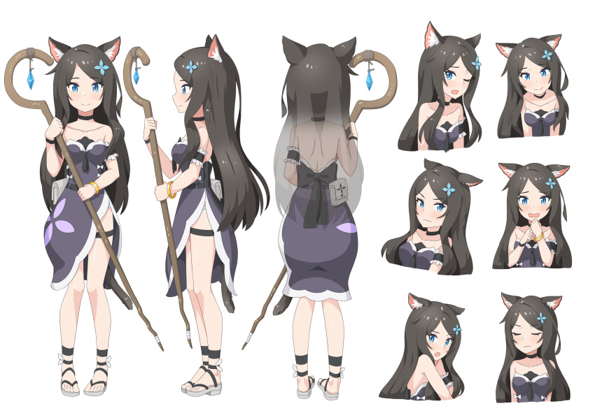 1girl absurdres animal_ear_fluff animal_ears black_choker blue_eyes blush bracelet brown_hair cat_ears cat_tail choker closed_mouth dress expressions flower hair_flower hair_ornament hands_up highres holding holding_staff jewelry long_hair looking_at_viewer multiple_views nekoze_(s22834712) one_eye_closed open_mouth original pouch purple_dress sandals side_slit smile staff tail thigh_strap tu_ya_(nekoze)