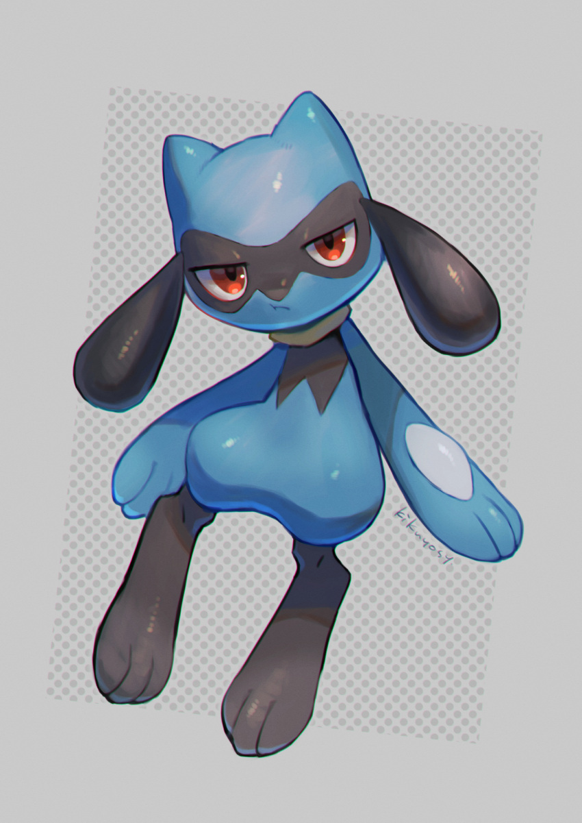 :t closed_mouth commentary_request full_body gen_4_pokemon grey_background highres kikuyoshi_(tracco) looking_at_viewer pokemon pokemon_(creature) pout red_eyes riolu shiny signature solo toes