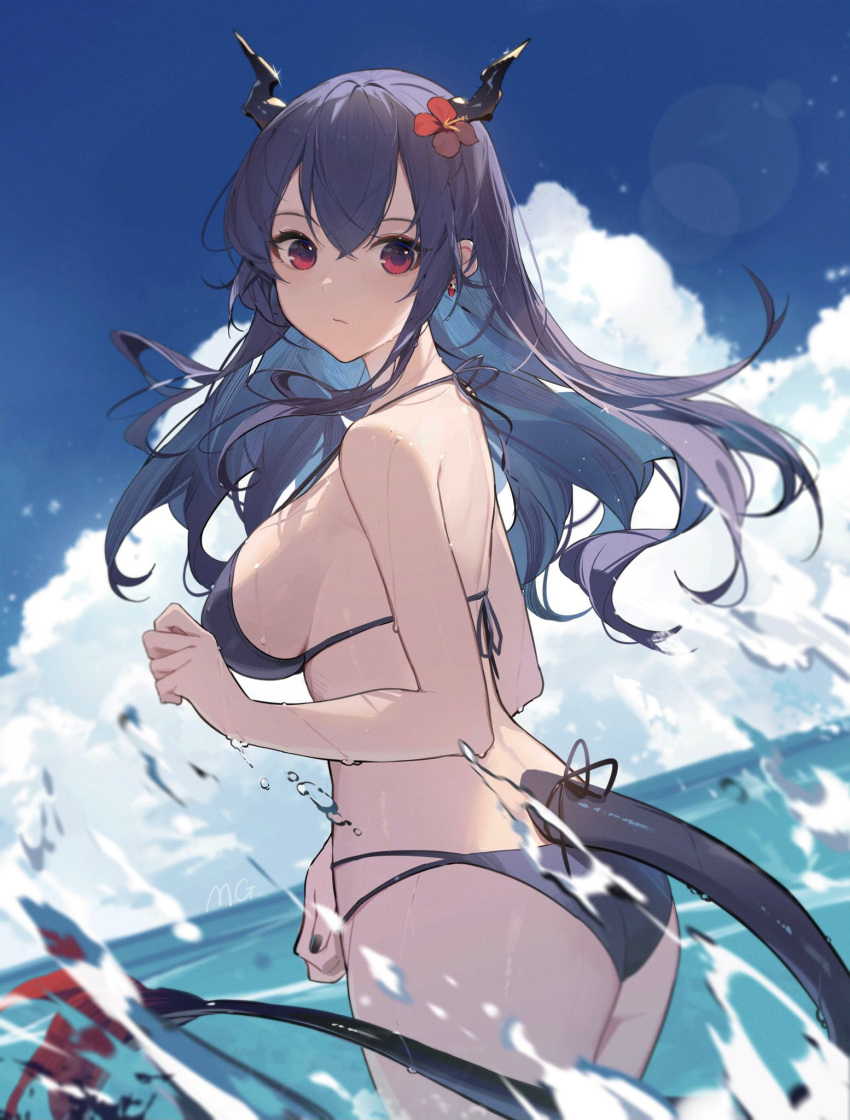 1girl arknights ass bikini black_bikini black_hair black_tail blue_sky breasts ch'en_(arknights) ch'en_the_holungday_(arknights) closed_mouth clouds dragon_horns dragon_tail earrings floating_hair from_side highres horns jewelry large_breasts looking_at_viewer mongarit ocean red_eyes sideboob sky solo splashing strap_gap swimsuit tail water water_drop
