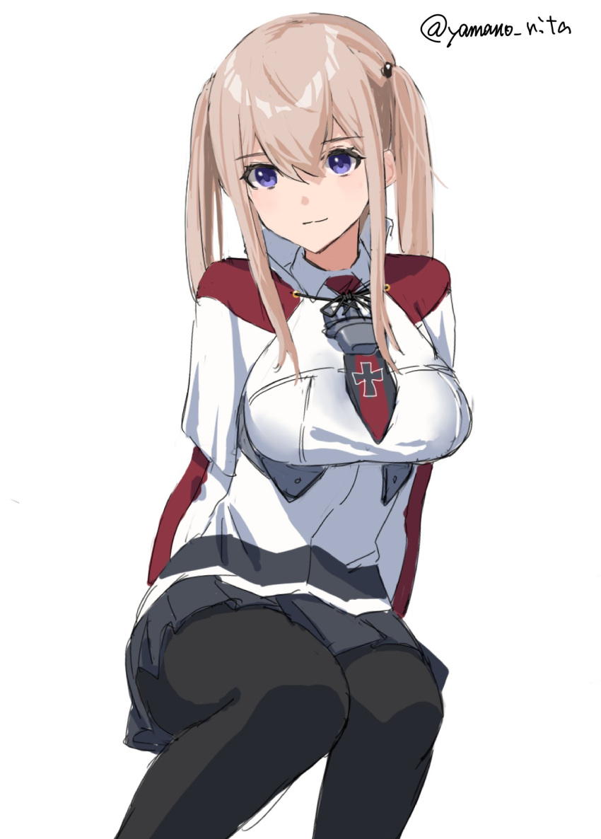 1girl black_legwear black_skirt blonde_hair breasts capelet cowboy_shot dated graf_zeppelin_(kancolle) hair_between_eyes highres invisible_chair iron_cross kantai_collection large_breasts looking_at_viewer military military_uniform miniskirt necktie one-hour_drawing_challenge pantyhose pleated_skirt sidelocks simple_background sitting skirt solo twintails uniform white_background yamano_rita