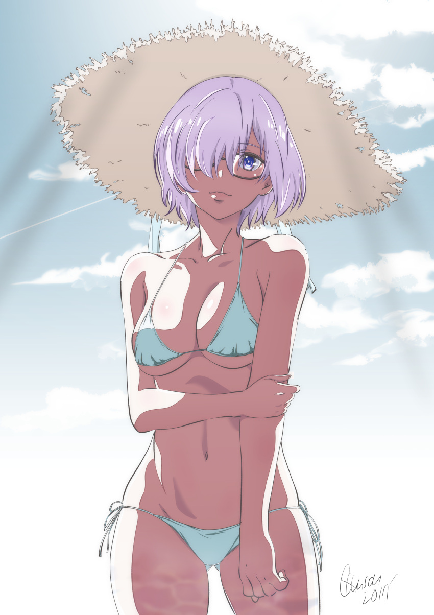 1girl absurdres alternate_costume fate/grand_order fate_(series) glasses gunsou33 hat highres looking_at_viewer mash_kyrielight one_eye_covered pink_hair short_hair signature straw_hat summer swimsuit violet_eyes