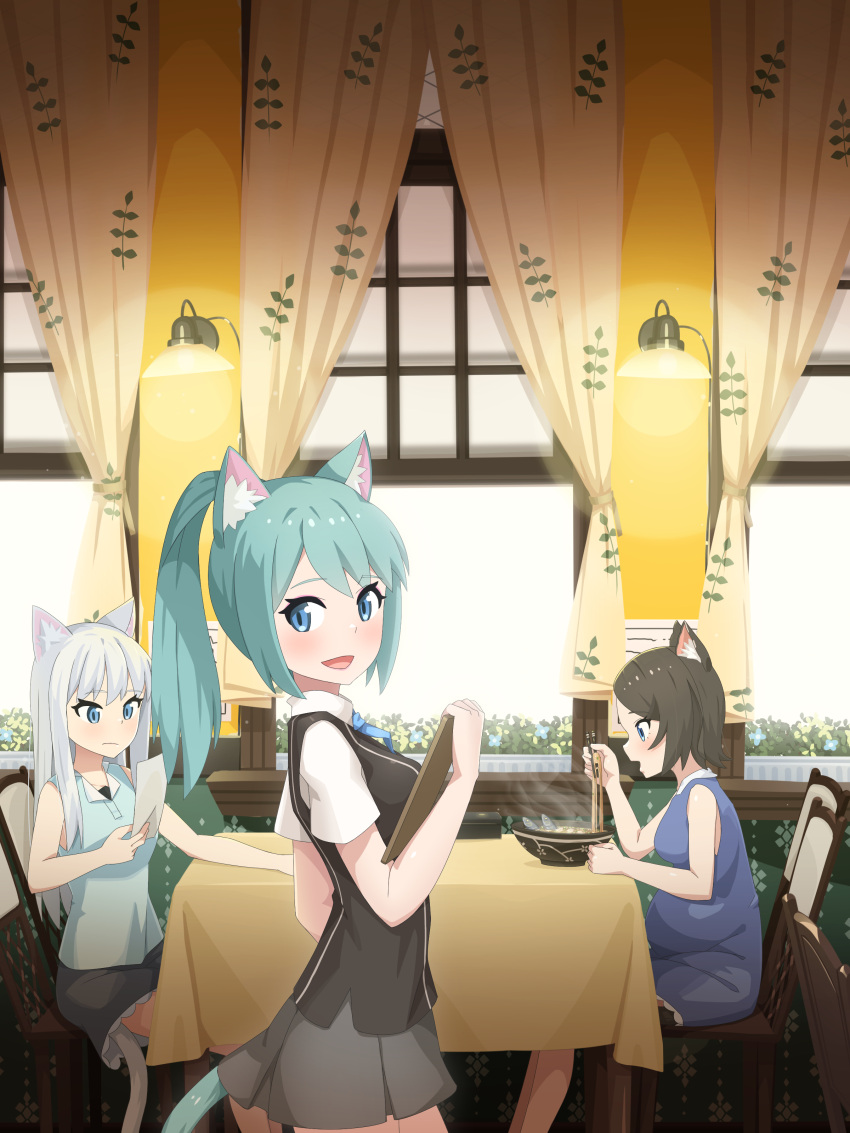 3girls :d absurdres animal_ear_fluff animal_ears blue_eyes blue_hair blue_shirt blush brown_hair brown_vest cat_ears cat_tail clipboard closed_mouth food from_side grey_skirt highres holding holding_clipboard indoors lamp looking_at_viewer looking_to_the_side miniskirt multiple_girls nekoze_(s22834712) noodles open_mouth original pleated_skirt ponytail pregnant ramen shirt short_sleeves sitting skirt smile tail tu_ya_(nekoze) vest wall_lamp white_shirt
