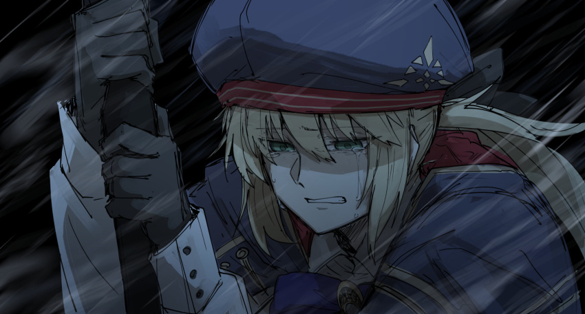 1girl artoria_pendragon_(caster)_(fate) artoria_pendragon_(fate) beret black_gloves blonde_hair cape crying crying_with_eyes_open fate/grand_order fate_(series) gloves green_eyes hat kan_(aaaaari35) long_hair staff tears wind