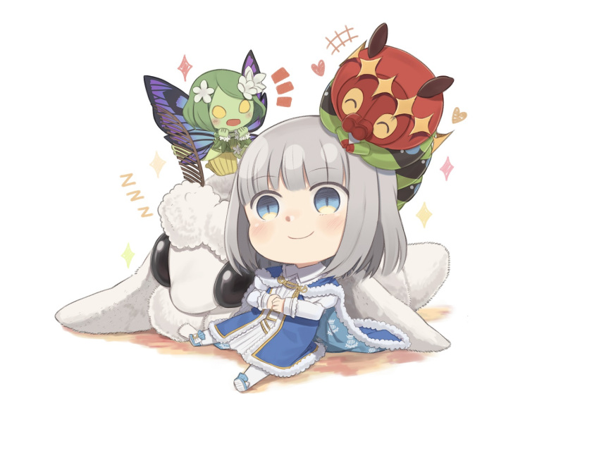 +++ ^_^ bangs blue_cloak blue_eyes blue_footwear blush character_request chibi cloak closed_eyes closed_mouth colored_skin commentary_request eyebrows_visible_through_hair fate/grand_order fate_(series) flower fur-trimmed_cloak fur_trim green_hair green_skin grey_hair hair_flower hair_ornament heart highres juliet_sleeves long_sleeves notice_lines oberon_(fate) open_mouth puffy_sleeves shirt shoe_soles shoes sitting socks swept_bangs totatokeke white_background white_flower white_legwear white_shirt zzz