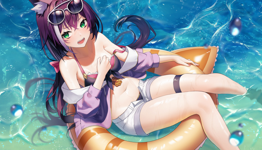 1girl animal_ear_fluff animal_ears bangs bare_shoulders bikini bikini_under_clothes black_bikini black_hair bow breasts cat_ears commentary eyewear_on_head feet_out_of_frame from_above green_eyes hair_between_eyes hair_bow hand_up highres innertube jacket karyl_(princess_connect!) knees_together_feet_apart long_hair long_sleeves looking_at_viewer midriff multicolored_hair navel off_shoulder open_mouth pink_bow princess_connect! purple_jacket short_shorts shorts solo strap_slip streaked_hair sunglasses swimsuit teeth thigh_strap twintails very_long_hair water wet white_hair white_shorts yaye