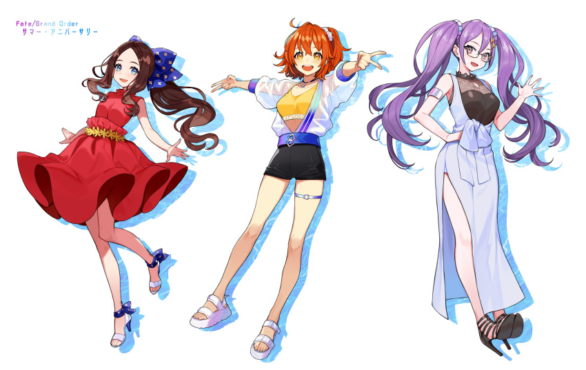 3girls absurdres ahoge bangs bare_shoulders black_high_heels black_shorts blue_bow blue_dress blue_eyes blush bow breasts brown_hair dress fate/grand_order fate_(series) forehead fujimaru_ritsuka_(female) full_body glasses hair_bow hair_ornament hair_scrunchie high_heels highres jewelry large_breasts leonardo_da_vinci_(fate) leonardo_da_vinci_(rider)_(fate) long_hair long_sleeves looking_at_viewer medium_breasts multiple_girls necklace one_side_up open_mouth orange_eyes orange_hair outstretched_arms parted_bangs ponytail purple_hair red_dress sandals scrunchie see-through_jacket sheer_clothes short_hair shorts sion_eltnam_sokaris small_breasts smile tank_top twintails type-moon underbust violet_eyes white_high_heels yellow_tank_top yuu_(higashi_no_penguin)