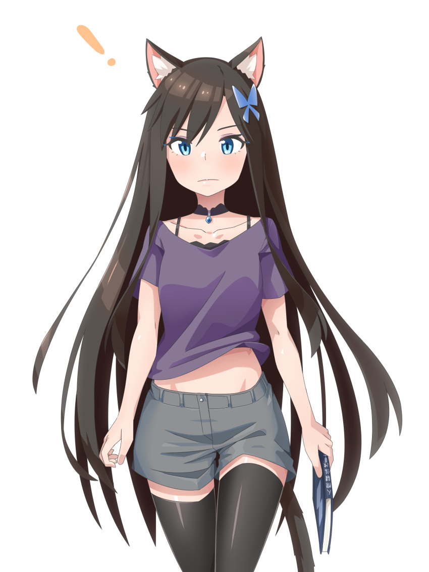 ! 1girl absurdres animal_ear_fluff animal_ears arms_at_sides black_legwear blue_eyes blush book brown_hair butterfly_hair_ornament cat_ears cat_tail closed_mouth cowboy_shot detached_collar grey_shorts hair_ornament highres holding holding_book long_hair looking_at_viewer midriff_peek nekoze_(s22834712) original purple_shirt shirt short_shorts short_sleeves shorts simple_background solo standing tail thigh-highs translation_request tu_ya_(nekoze) very_long_hair white_background