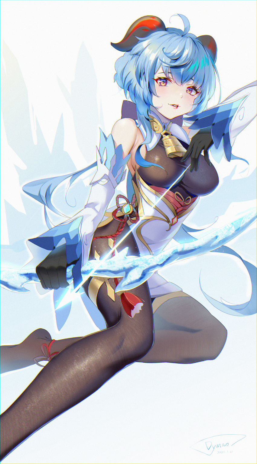 1girl absurdres ahoge arrow_(projectile) bangs bell black_bodysuit black_gloves blue_hair bodysuit bow_(weapon) commentary_request detached_sleeves dymao eyebrows_visible_through_hair ganyu_(genshin_impact) genshin_impact gloves hair_between_eyes highres holding holding_arrow holding_bow_(weapon) holding_weapon horns long_hair looking_at_viewer neck_bell orange_eyes parted_lips sidelocks simple_background smile solo weapon white_background