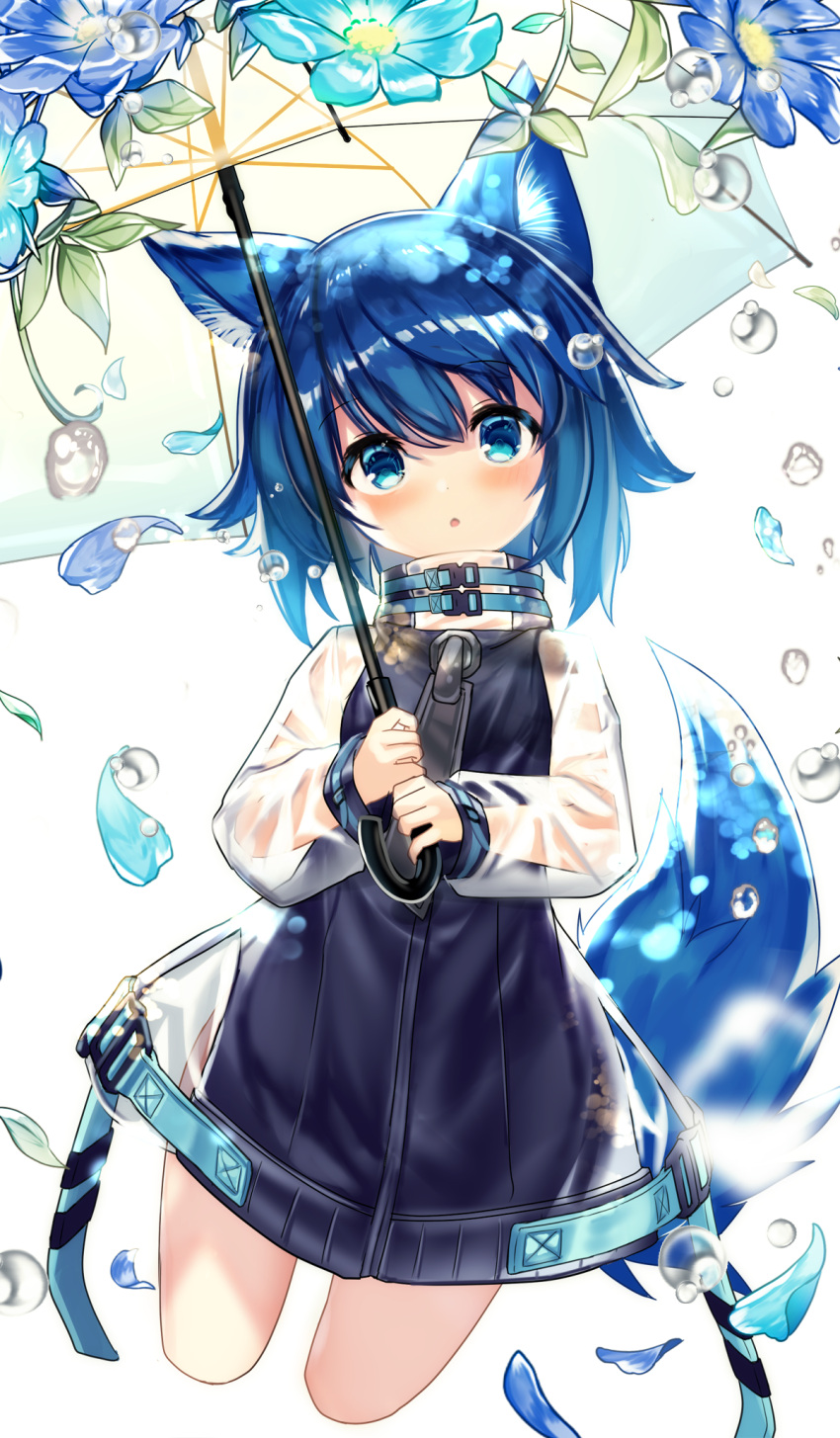1girl :o animal_ears blue_flower blue_hair coat commission expressionless flower fuupu highres holding holding_umbrella long_sleeves no_pants oversized_zipper petals see-through see-through_sleeves short_hair skeb_commission tail transparent transparent_umbrella umbrella vrchat water_drop