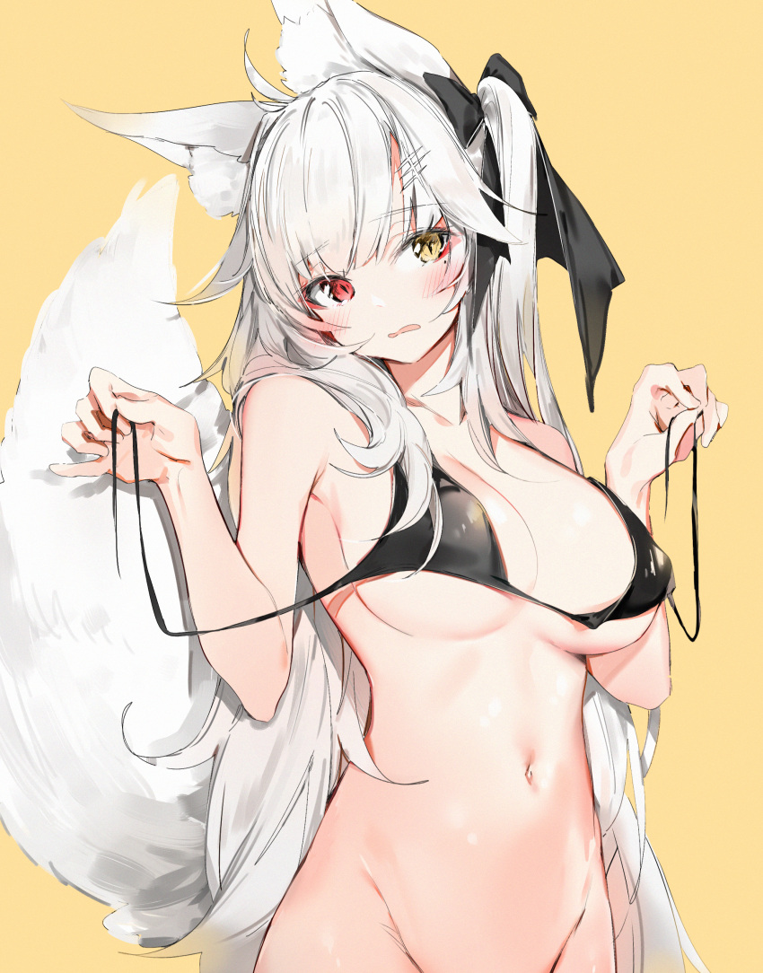 1girl absurdres ahoge animal_ears bangs bikini bikini_pull bikini_top black_bikini black_ribbon blush breasts clothes_pull eyebrows_visible_through_hair fox_ears fox_girl fox_tail groin hair_ribbon head_tilt heterochromia highres large_breasts long_hair mole mole_under_eye navel open_mouth original red_eyes ribbon side_ponytail silver_(chenwen) slit_pupils solo swimsuit tail untied untied_bikini upper_body very_long_hair white_hair yellow_background yellow_eyes