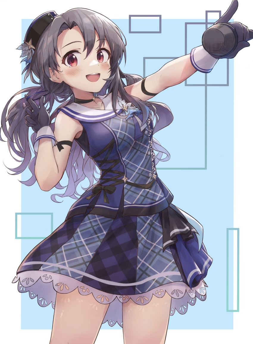 1girl absurdres black_gloves black_hair choker cowboy_shot dress glasses gloves hat highres idolmaster idolmaster_million_live! idolmaster_million_live!_theater_days looking_at_viewer microphone open_clothes outstretched_arm plaid plaid_dress red_eyes shuucream_(syuichi) smile solo takayama_sayoko