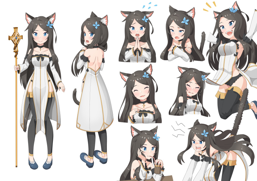 1girl :d absurdres all_fours angry animal_ear_fluff animal_ears arm_support backless_dress backless_outfit bare_shoulders black_bow black_choker black_legwear blue_eyes blue_footwear blush bow breasts brown_hair cat_ears cat_tail choker closed_eyes closed_mouth cold cross crying detached_sleeves dress expressions flower flying_sweatdrops hair_flower hair_ornament head_tilt highres holding holding_scepter long_hair long_sleeves looking_at_viewer medium_breasts multiple_views nekoze_(s22834712) notice_lines open_mouth original own_hands_together pelvic_curtain pigeon-toed praying scepter shoes side_slit simple_background sipping smile tail tail_raised tears thigh-highs tu_ya_(nekoze) very_long_hair white_background white_dress