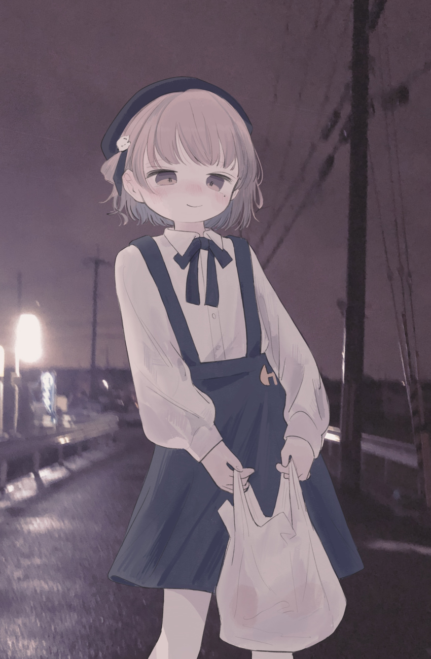 1girl absurdres bag beret black_headwear black_ribbon black_skirt blurry blurry_background brown_eyes brown_hair closed_mouth collared_shirt commentary_request contrapposto feet_out_of_frame hair_ribbon half-closed_eyes hat hatoba_tsugu highres holding holding_bag lamppost long_sleeves looking_at_viewer mole mole_under_eye neck_ribbon night outdoors pantyhose photo_background plastic_bag power_lines puffy_long_sleeves puffy_sleeves ribbon road shirt short_hair skirt smile solo standing suspender_skirt suspenders tsugu_(vtuber) two-handed utility_pole virtual_youtuber white_pantyhose white_shirt yunoki_itsugu