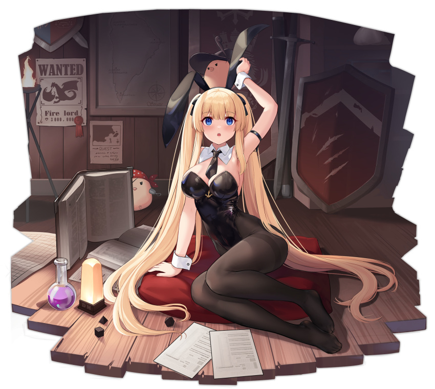 1girl allenes animal_ears ardent_(azur_lane) ardent_(master_ardent)_(azur_lane) arm_strap arm_support arm_up azur_lane black_legwear black_leotard black_neckwear blonde_hair blue_eyes bow bowtie breasts detached_collar fake_animal_ears full_body highleg highleg_leotard highres indoors large_breasts leotard long_hair manjuu_(azur_lane) official_alternate_costume official_art pantyhose parted_lips playboy_bunny rabbit_ears solo strapless strapless_leotard sword thighband_pantyhose transparent_background twintails very_long_hair weapon wooden_floor wrist_cuffs