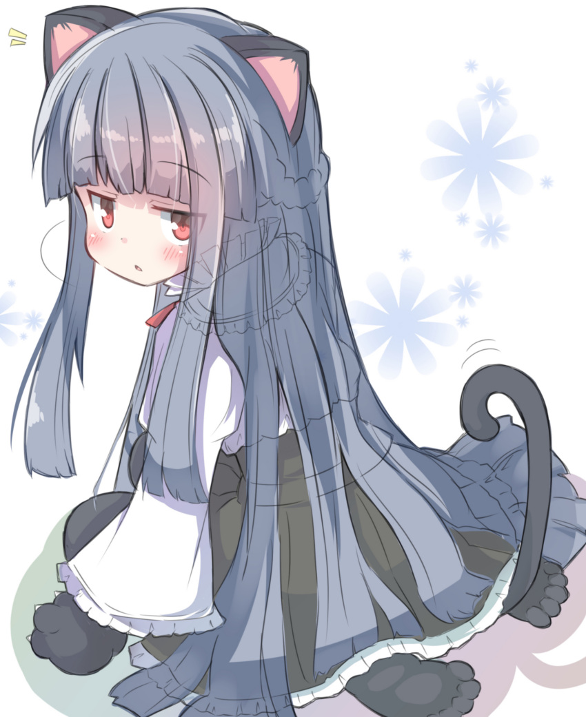 1girl :o absurdres animal_ears animal_hands bangs blue_hair blunt_bangs blush braid cat_ears cat_girl cat_tail collar dress eyebrows_visible_through_hair french_braid frilled_collar frilled_dress frills hand_on_ground highres idolmaster idolmaster_cinderella_girls idolmaster_cinderella_girls_starlight_stage kneeling long_hair looking_at_viewer looking_back notice_lines patterned_background sajo_yukimi simple_background solo straight_hair tail tail_raised umberblack very_long_hair