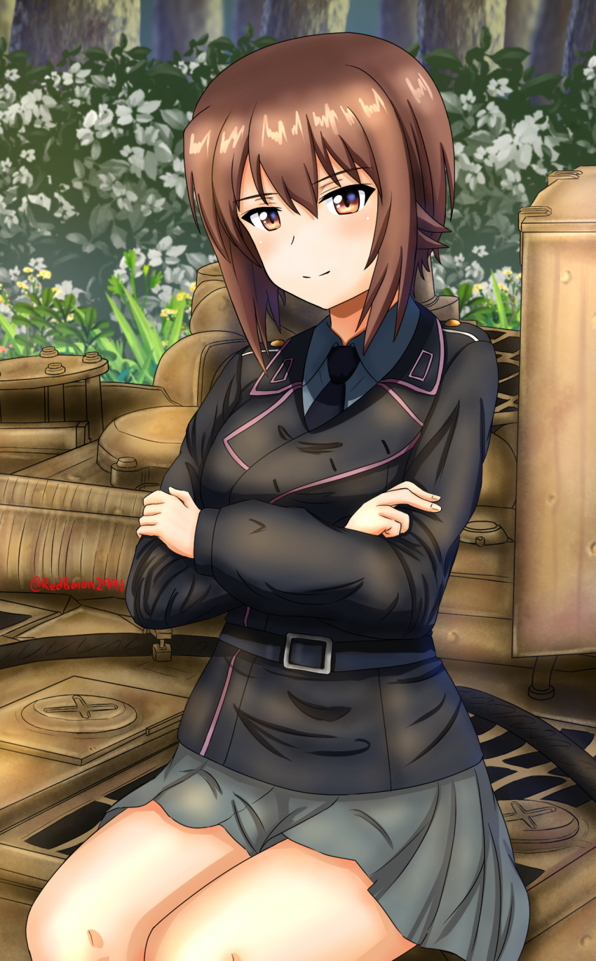 1girl bangs birthday black_jacket black_neckwear brown_eyes brown_hair closed_mouth commentary crossed_arms day dress_shirt eyebrows_visible_through_hair flower girls_und_panzer grey_shirt grey_skirt ground_vehicle happy_birthday highres jacket long_sleeves looking_at_viewer military military_uniform military_vehicle miniskirt motor_vehicle necktie niedersachsen_military_uniform nishizumi_maho on_vehicle outdoors pleated_skirt redbaron shirt short_hair sitting skirt smile solo tank twitter_username uniform wing_collar