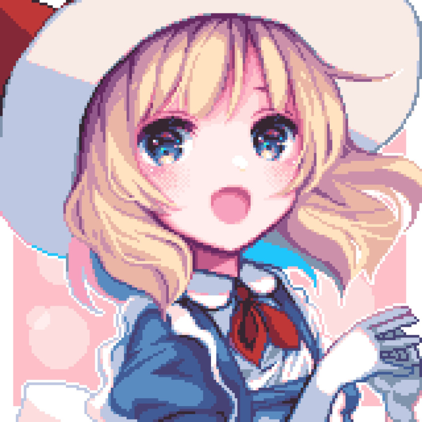 1girl :d bangs blonde_hair blue_eyes border dotted_background eyebrows_behind_hair fuyoyo gloves hands_together highres kana_anaberal looking_at_viewer open_mouth pink_background pixel_art short_hair smile solo touhou touhou_(pc-98) upper_body white_border white_gloves white_headwear