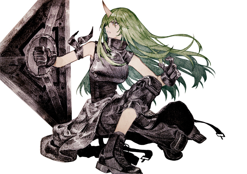 1girl absurdres arknights arm_ribbon armor bare_arms black_footwear black_gloves black_pants black_ribbon black_shirt boots breastplate clothes_around_waist commentary floating_hair full_body gloves green_hair high_collar highres holding holding_shield horns hoshiguma_(arknights) jacket jacket_around_waist knee_pads lizeyan_(cpj) long_hair looking_away looking_to_the_side oni_horns pants parted_lips ribbon serious shield shirt simple_background single_horn solo squatting teeth white_background