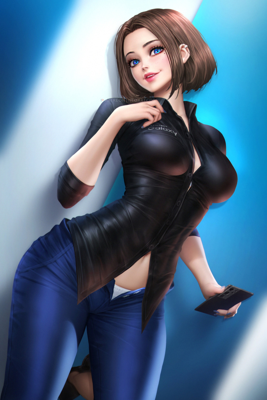 1girl black_shirt blue_pants blurry blurry_background breasts brown_hair cowboy_shot earrings hand_up highres holding holding_phone jewelry large_breasts looking_at_viewer midriff mole mole_under_eye navel neoartcore open_fly pants parted_lips phone samsung samsung_sam shirt short_hair smile solo