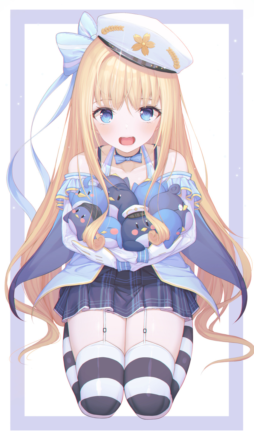 1girl absurdres aqua_bow bangs black_legwear blonde_hair blue_eyes border bow bowtie commentary eyebrows_behind_hair full_body garter_straps gloves hair_bow halterneck highres holding holding_stuffed_toy kneeling long_hair long_sleeves looking_at_viewer off-shoulder_shirt off_shoulder open_mouth original outside_border peng_kun pleated_skirt purple_border purple_skirt shirt skirt solo striped striped_legwear stuffed_toy symbol-only_commentary thigh-highs upper_teeth white_background white_gloves white_headwear white_legwear