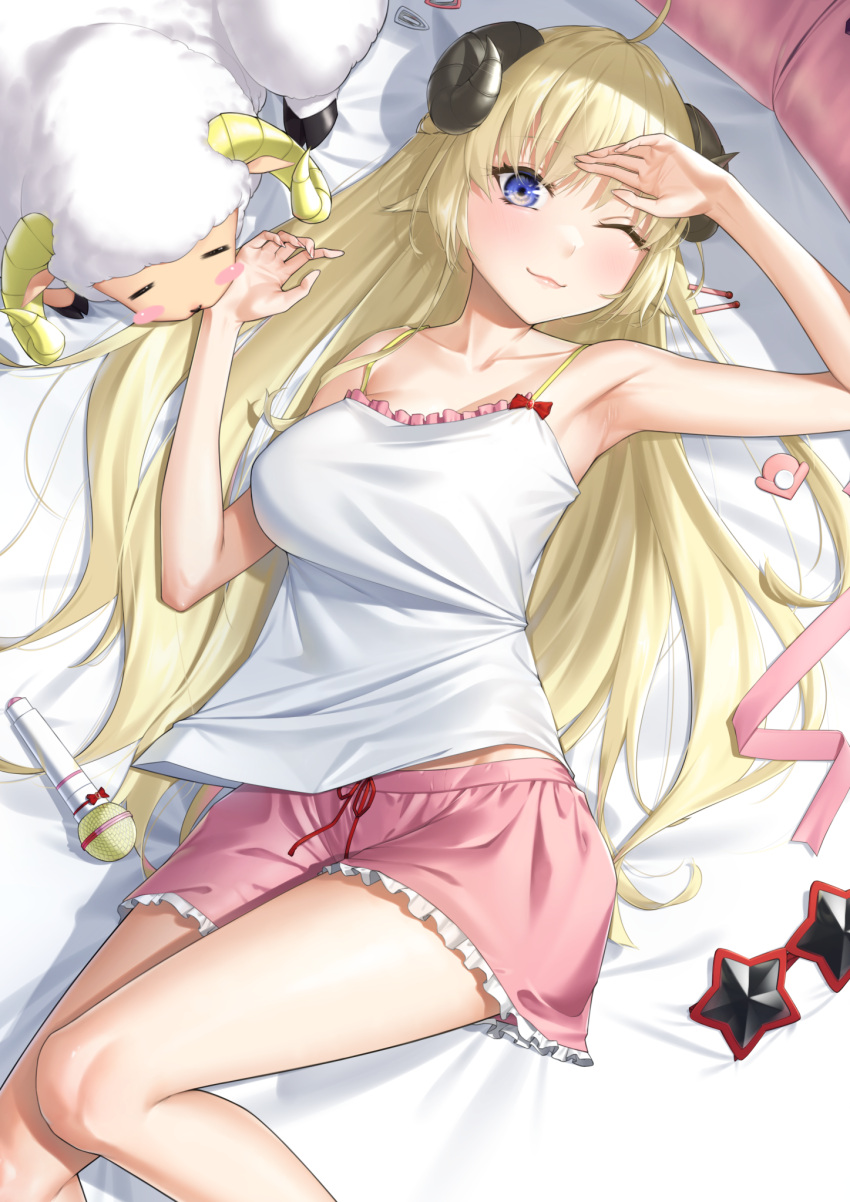 1girl ahoge armpits bangs bed_sheet blonde_hair blue_eyes breasts camisole curled_horns eyewear_removed frills hair_ornament hairclip hairclip_removed hand_on_own_head highres hololive horns large_breasts legs lips long_hair lying microphone on_back on_bed one_eye_closed pajamas pillow sheep sheep_girl sheep_horns shorts silver_tokki sleepwear solo spaghetti_strap star-shaped_eyewear sunglasses tsunomaki_watame very_long_hair virtual_youtuber white_camisole