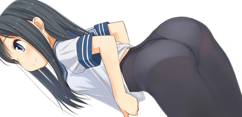 1girl ass bangs black_hair black_legwear blouse blue_eyes blue_sailor_collar closed_mouth commentary crotch_seam dutch_angle from_behind leaning_forward long_hair looking_to_the_side original panties panties_under_pantyhose pantyhose retsumaru sailor_collar school_uniform serafuku shirt_tug short_sleeves simple_background smile solo straight_hair underwear white_background white_blouse