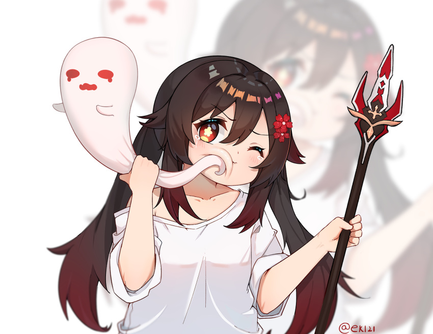 1girl bangs black_hair collarbone commentary_request eyebrows_visible_through_hair flower genshin_impact ghost hair_between_eyes hair_flower hair_ornament highres holding holding_polearm holding_spear holding_weapon hu_tao_(genshin_impact) ldd.ek long_hair looking_at_another orange_eyes oversized_clothes polearm shirt short_sleeves sidelocks simple_background spear staff_of_homa_(genshin_impact) symbol-shaped_pupils tears twintails weapon white_shirt younger zoom_layer