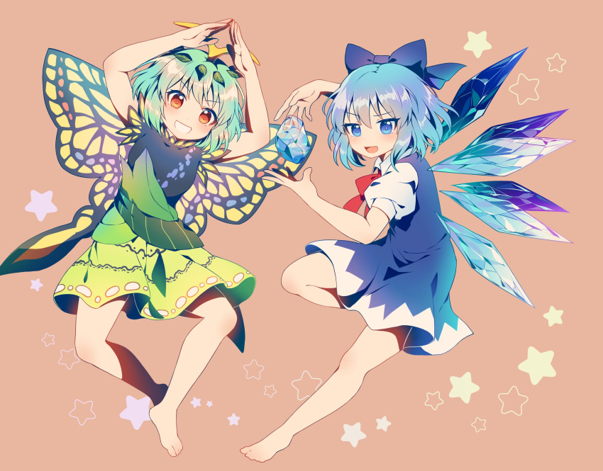 2girls :d antennae aqua_hair arms_up bangs barefoot blue_bow blue_dress blue_eyes blue_hair bow brown_background butterfly_wings caramell0501 cirno dress eternity_larva eyebrows_visible_through_hair full_body green_dress hair_bow hands_together highres ice ice_wings leaf leaf_on_head looking_at_viewer multiple_girls open_mouth pinafore_dress puffy_short_sleeves puffy_sleeves red_eyes red_neckwear shirt short_sleeves simple_background smile star_(symbol) touhou v-shaped_eyebrows white_shirt wings yellow_wings