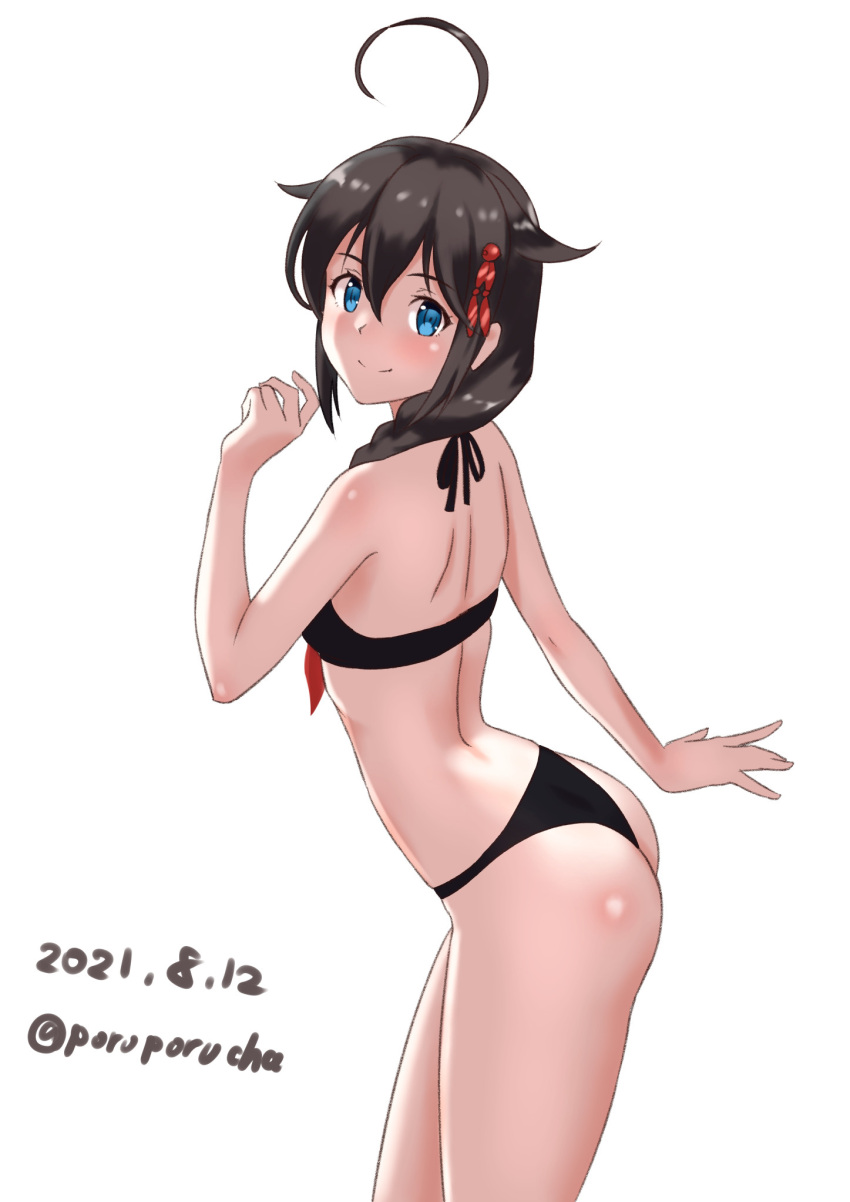 1girl ahoge ass bangs bikini black_bikini blue_eyes blush braid breasts brown_hair dated hair_flaps hair_over_shoulder highres kantai_collection long_hair looking_at_viewer one-hour_drawing_challenge porupurucha shigure_(kancolle) simple_background single_braid small_breasts smile solo swimsuit twitter_username white_background