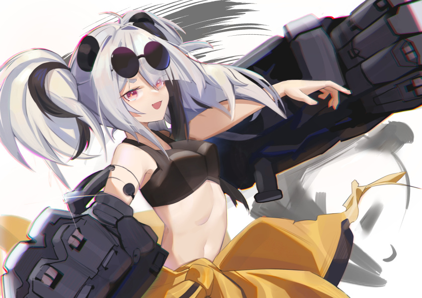 1girl :d absurdres animal_ears arknights bangs bare_arms bare_shoulders black_hair breasts chinese_commentary commentary_request crop_top eyewear_on_head feater_(arknights) feater_(dojo_star)_(arknights) highres long_hair looking_at_viewer medium_breasts midriff navel official_alternate_costume open_mouth panda_ears red_eyes silver_hair simple_background smile solo sports_bra stomach sunglasses upper_body verniy_(tony52911856) white_background