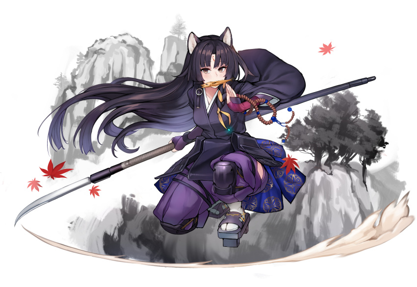 1girl arknights beads beruko14 dog_girl facial_mark fish food food_in_mouth forehead_mark gloves highres holding_naginata japanese_clothes kimono knee_pads naginata polearm prayer_beads puffy_pants purple_gloves purple_kimono saga_(arknights) shiba_inu solo weapon