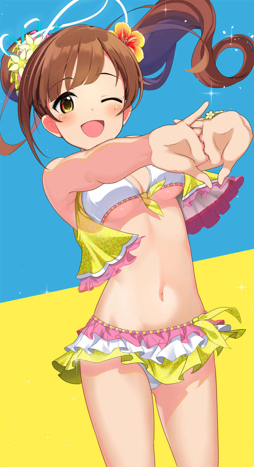 1girl ;d ass_visible_through_thighs bangs bare_shoulders bikini blush breasts brown_hair cowboy_shot cropped_vest eyebrows_visible_through_hair flower hair_flower hair_ornament hibiscus highres idolmaster idolmaster_cinderella_girls igarashi_kyoko layered_skirt long_hair looking_at_viewer medium_breasts miniskirt natsuya navel one_eye_closed open_clothes open_mouth open_vest ponytail skirt smile solo sparkle stomach stretch swept_bangs swimsuit two-tone_background under_boob vest white_bikini yellow_eyes yellow_flower yellow_vest