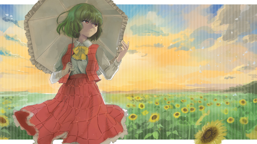 1girl ascot bangs blue_sky blurry blurry_background breasts clouds collared_shirt day expressionless flower frilled_skirt frills garden_of_the_sun gradient_sky green_hair hair_between_eyes hand_up highres horizon inset kazami_yuuka letterboxed long_sleeves looking_afar looking_to_the_side medium_breasts no_legs open_clothes open_vest orange_sky parasol plaid plaid_skirt plaid_vest red_eyes red_skirt red_vest scenery shirt short_hair sketch skirt skirt_set sky solo sunflower sunset touhou umbrella unloli vest white_shirt yellow_neckwear yellow_sky