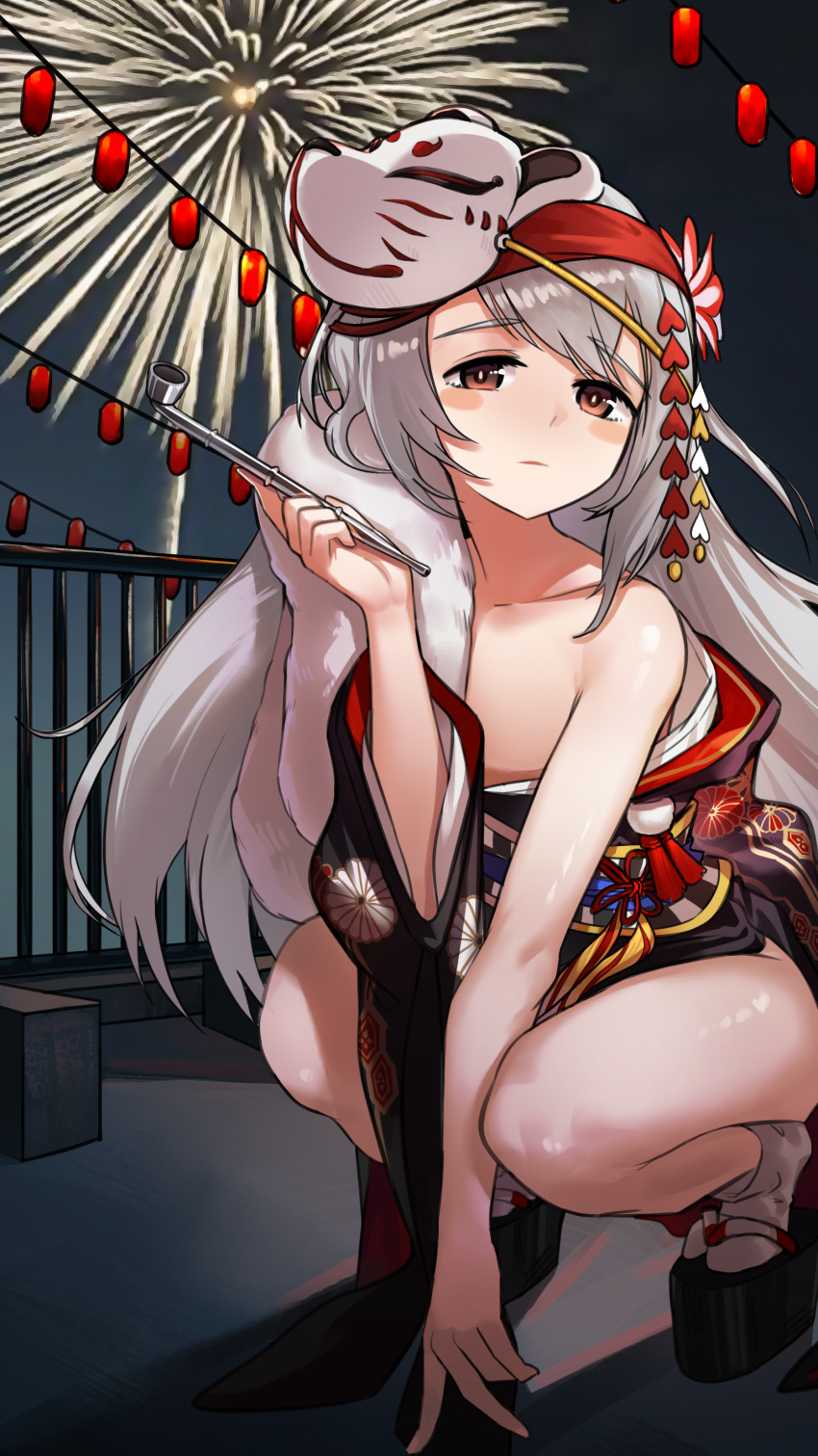 1girl absurdres arm_between_legs bangs bare_shoulders blush_stickers brown_eyes commentary_request eyebrows_visible_through_hair fireworks flat_chest flower fox_mask full_body fur_(clothing) g11_(girls_frontline) girls_frontline grey_hair hair_flower hair_ornament highres holding holding_pipe japanese_clothes jizhi_shaojiu kimono kiseru long_hair looking_at_viewer mask mask_on_head night official_alternate_costume outdoors pipe platform_footwear sandals socks solo squatting tabi
