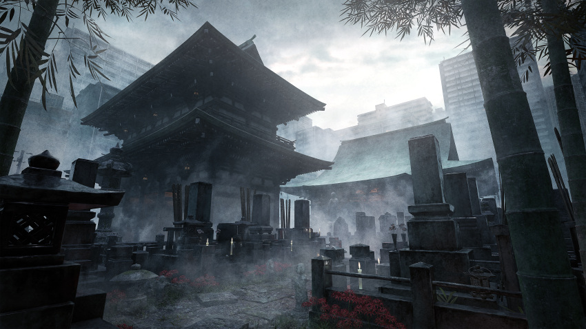 absurdres architecture building candle city clouds cloudy_sky east_asian_architecture fog highres hisamesy huge_filesize lantern leaf no_humans original path scenery sky statue tombstone tree vase