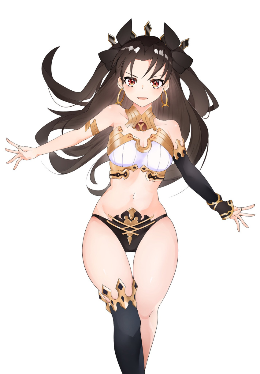 1girl armlet bangs bikini black_bikini black_hair black_headwear black_legwear breasts detached_sleeves earrings fate/grand_order fate_(series) hair_ribbon highres hoop_earrings ishtar_(fate) ishtar_(fate)_(all) jewelry long_hair looking_at_viewer medium_breasts mismatched_bikini navel neck_ring open_mouth outstretched_arms panties parted_bangs red_eyes ribbon simple_background single_sleeve single_thighhigh smile solo spread_arms standing swimsuit thigh-highs thigh_gap tiara two_side_up underwear white_background white_bikini zukki0731