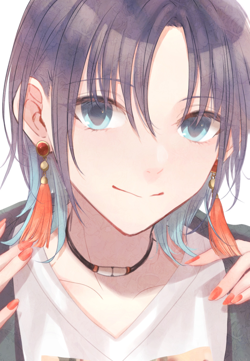 1girl ahoge asakura_tooru blue_eyes blue_hair brown_hair choker close-up closed_mouth collarbone earrings face gradient_hair highres idolmaster idolmaster_shiny_colors jewelry light_smile migechi multicolored_hair nail_polish piercing shirt short_hair simple_background solo white_background white_shirt