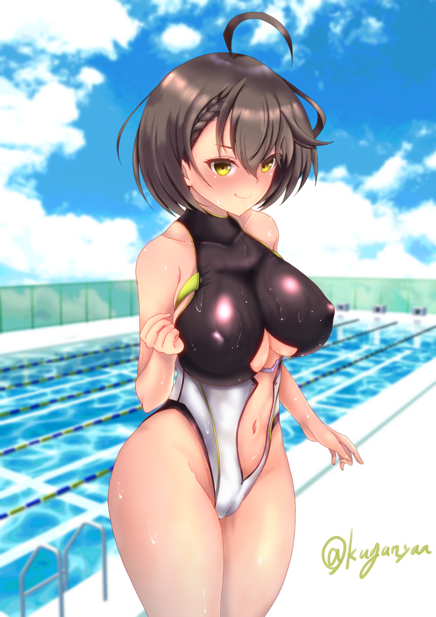 1girl adapted_costume ahoge azur_lane baltimore_(azur_lane) bangs bare_shoulders black_swimsuit blue_sky blurry blurry_background blush braid breasts brown_hair center_opening chain-link_fence closed_mouth clothing_cutout clouds collarbone commentary_request covered_collarbone covered_nipples cowboy_shot day eyebrows_visible_through_hair fence french_braid groin hair_between_eyes hand_up highres kuga_zankurou large_breasts looking_at_viewer navel outdoors partial_commentary pool poolside short_hair sidelocks sky smile solo standing stomach_cutout swimsuit twitter_username two-tone_swimsuit under_boob underboob_cutout water wet wet_clothes wet_swimsuit white_swimsuit wide_hips yellow_eyes