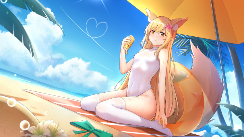 1girl animal_ears ars.rin beach beach_umbrella blonde_hair blue_sky breasts clouds commentary_request condensation_trail covered_navel day dutch_angle fox_ears fox_tail heart horizon long_hair looking_at_viewer ocean orange_eyes original outdoors palm_tree sitting sky small_breasts solo swimsuit tail thigh-highs tree turtleneck umbrella wariza white_legwear white_swimsuit