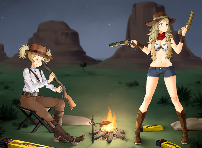 2girls blonde_hair cow_girl cow_print cowboy_boots cowboy_hat fire_emblem fire_emblem:_kakusei fire_emblem_if gun lissa_(fire_emblem) night night_sky ophelia_(fire_emblem_if) pigtails red_dead_redemption