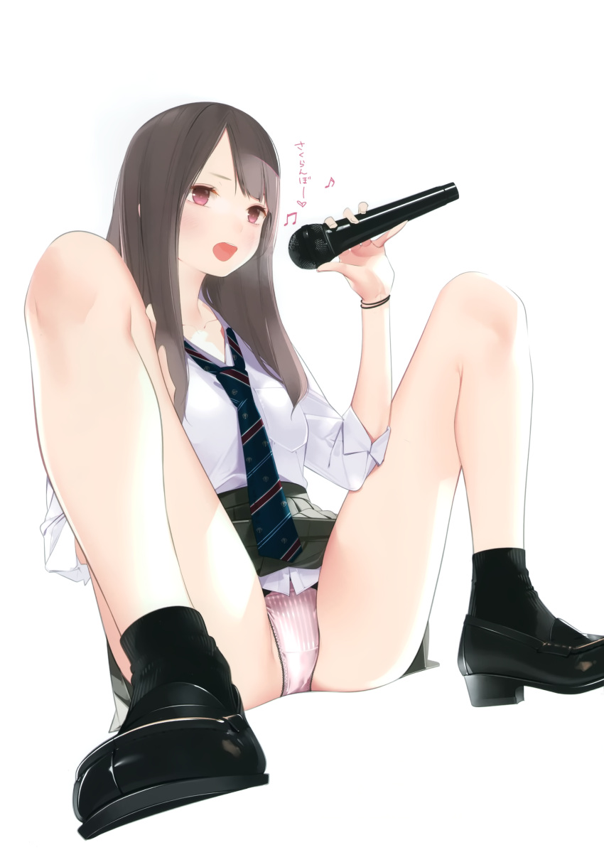 1girl absurdres ama_mitsuki beamed_eighth_notes black_legwear black_skirt blush brown_hair eighth_note highres holding holding_microphone loafers long_hair m_legs microphone music musical_note necktie non-web_source open_mouth original panties pantyshot pink_eyes pink_panties pleated_skirt satin satin_panties satin_underwear scan school_uniform shirt shoes singing sitting skirt socks solo spread_legs underwear white_background