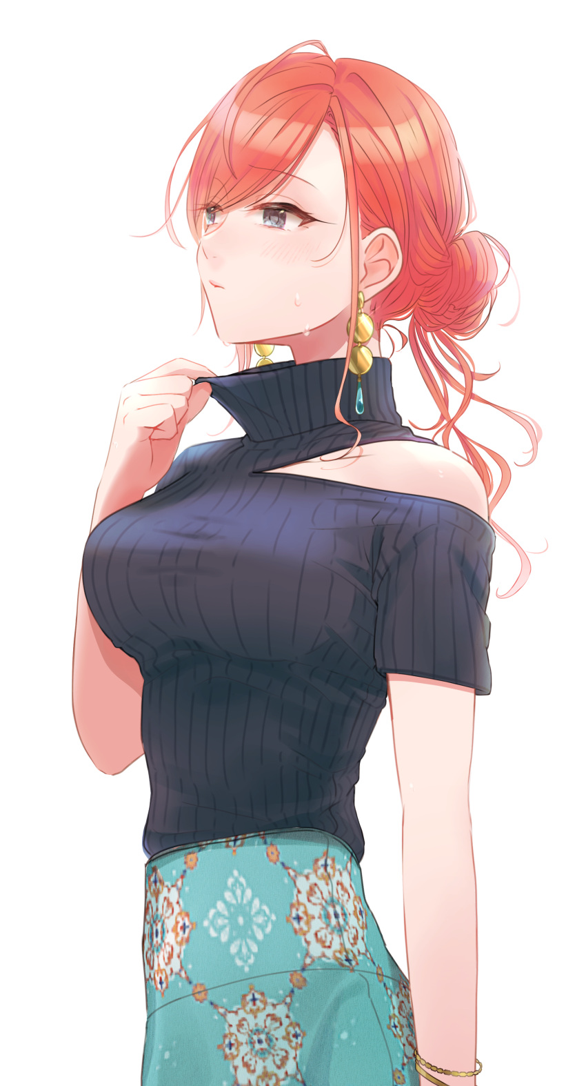 1girl absurdres adjusting_clothes arisugawa_natsuha bangs black_eyes breasts cowboy_shot earrings eyebrows_visible_through_hair from_side highres idolmaster idolmaster_shiny_colors jewelry large_breasts long_hair migechi redhead short_sleeves simple_background skirt solo sweater swept_bangs tied_hair turtleneck turtleneck_sweater white_background